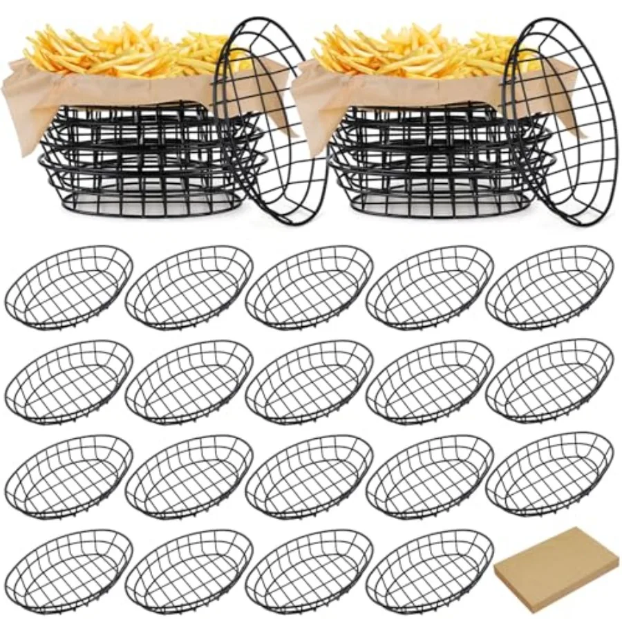 

24 Pcs Wire Bread Basket with 100 Sheets Deli Wrappers Paper 9.5 x 6.2 x 2.2 Inch Metal Bread Box Oval Metal Dinner Roll Basket