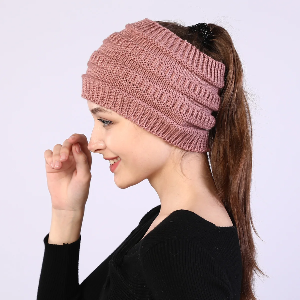 1pc Solide Stricken Hut Herbst Und Winter Damen Gestrickte Stirnband Verbreitert Gesicht Waschen Kopf Abdeckung Leere Top Pferdeschwanz Wolle hut