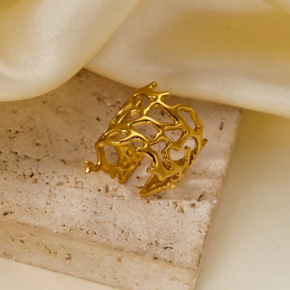 Edelstahlringe mit unregelmäßigen Wellen, Korallen, Seesternen und Blumen für Damen und Herren, Retro-Punk, florale Blätter, geometrische Linien, Boho-Schmuck – Detail 26