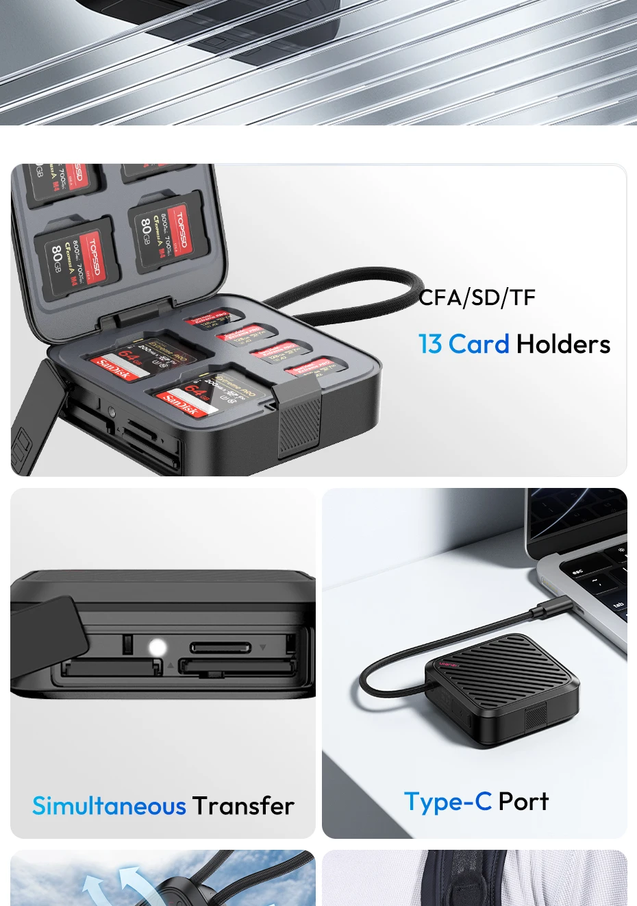 Ulanzi CRC10 3-in-1-Kartenlesergehäuse CFA/SD/TF 13 Kartenhalter mit USB3.2 Gen2-Schnittstelle Hochgeschwindigkeits-Datenübertragungschips – Detail 2