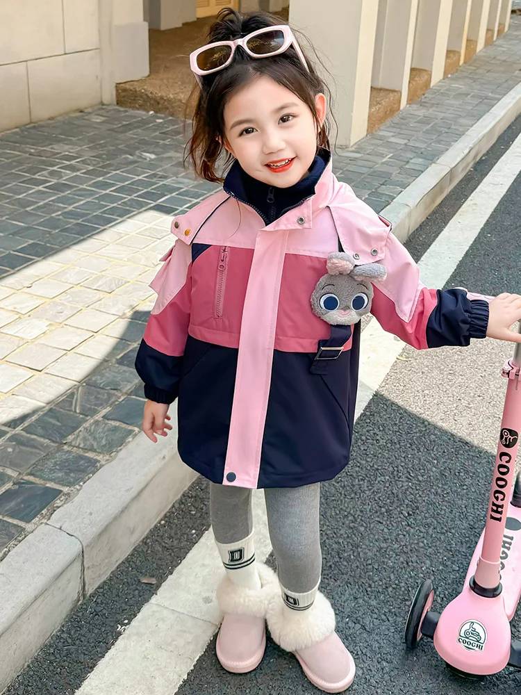 

Girl's Coat Color Blocked Fashion Windproof Thick Hoodie Disney Cartoon Cute Rabbit Zipper Children's Coat Autumn Winter New