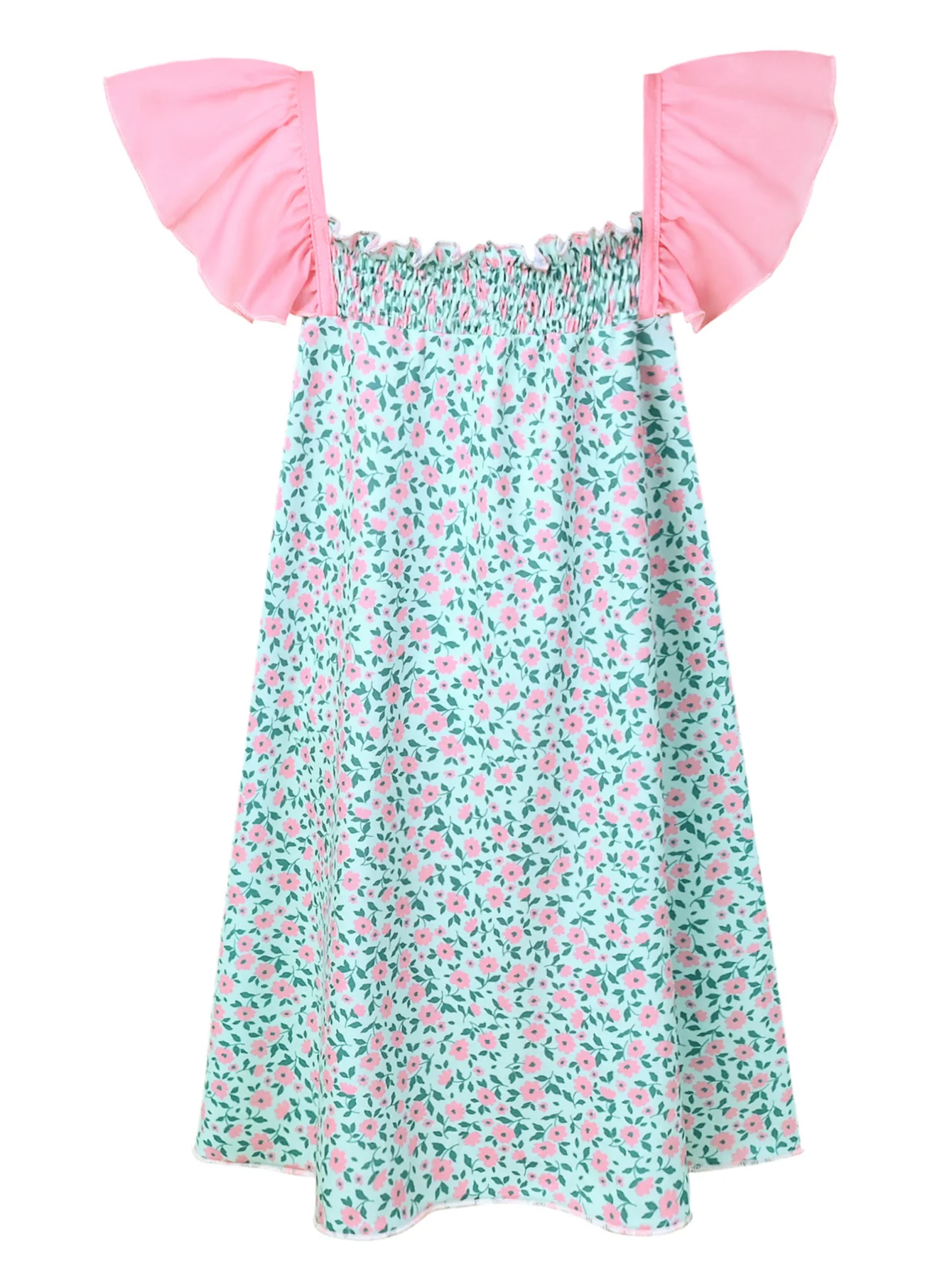Girls Smock Neck Sleeveless Dress Light Green Floral Print Children's Fashion Casual Skirt for Girls