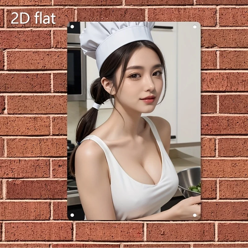 （2D Tin painting）HD Metal Tin Sign Charming Asian Chef in White Hat and Tank Top in Modern Kitchen Vintage Wall Art Decor for