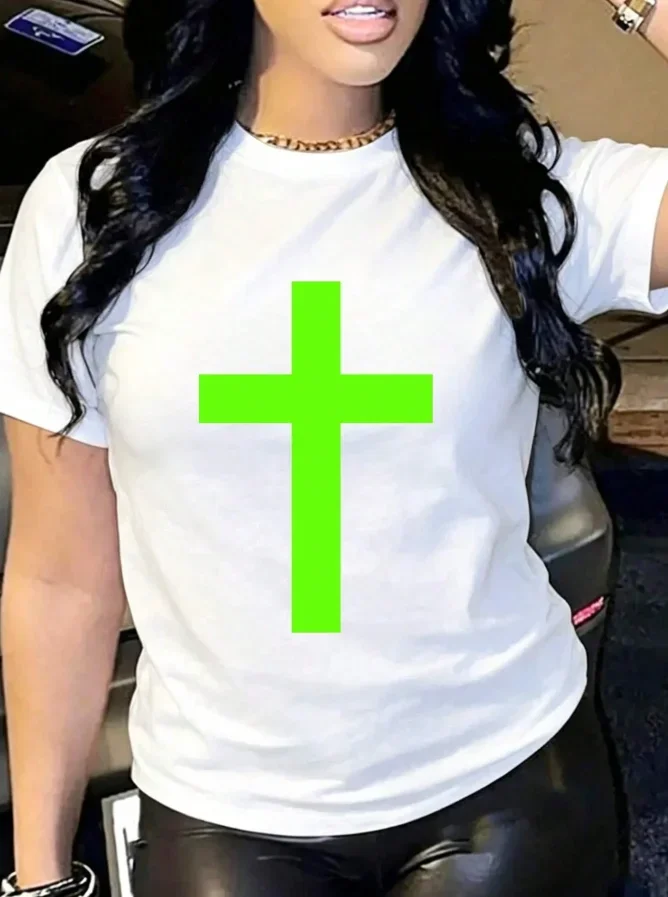 Neon Green Cross Print T Shirt Women Cyber Y2k Grunge Aesthetic Graphic Tees Streetwear Short Sleeve Casual Black Tops Female Clothing