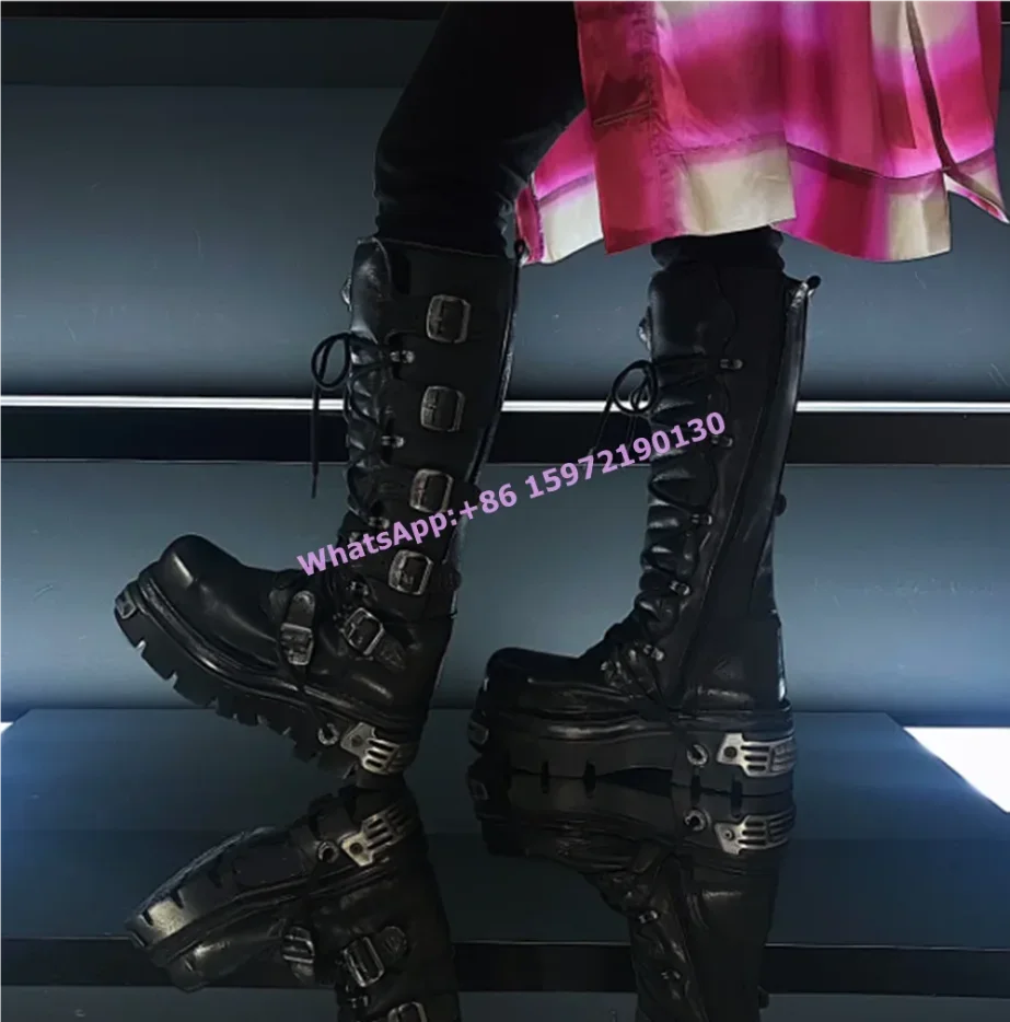 

Rivet Metal Buckle Thick Soled Boots Round Toe Lace Up Knee High Shoes Dark Punk Hotties Cross Tied Rock Motorcycle Boots