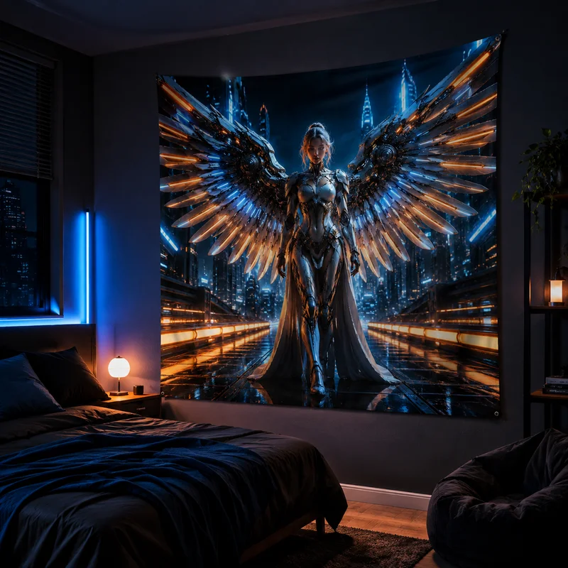 VIKAMA Futuristic Sci-Fi Angel Tapestry, Mechanical Wings Cyber City Wall Hanging, Cool Mechanical Girl Wall Hanging, Home Decor