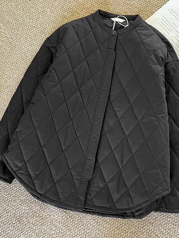 Lightweight Casual Cotton Jacket Women's Winter Small Size Slimming Short Outerwear Diamond Pattern Stand Collar Button Detail