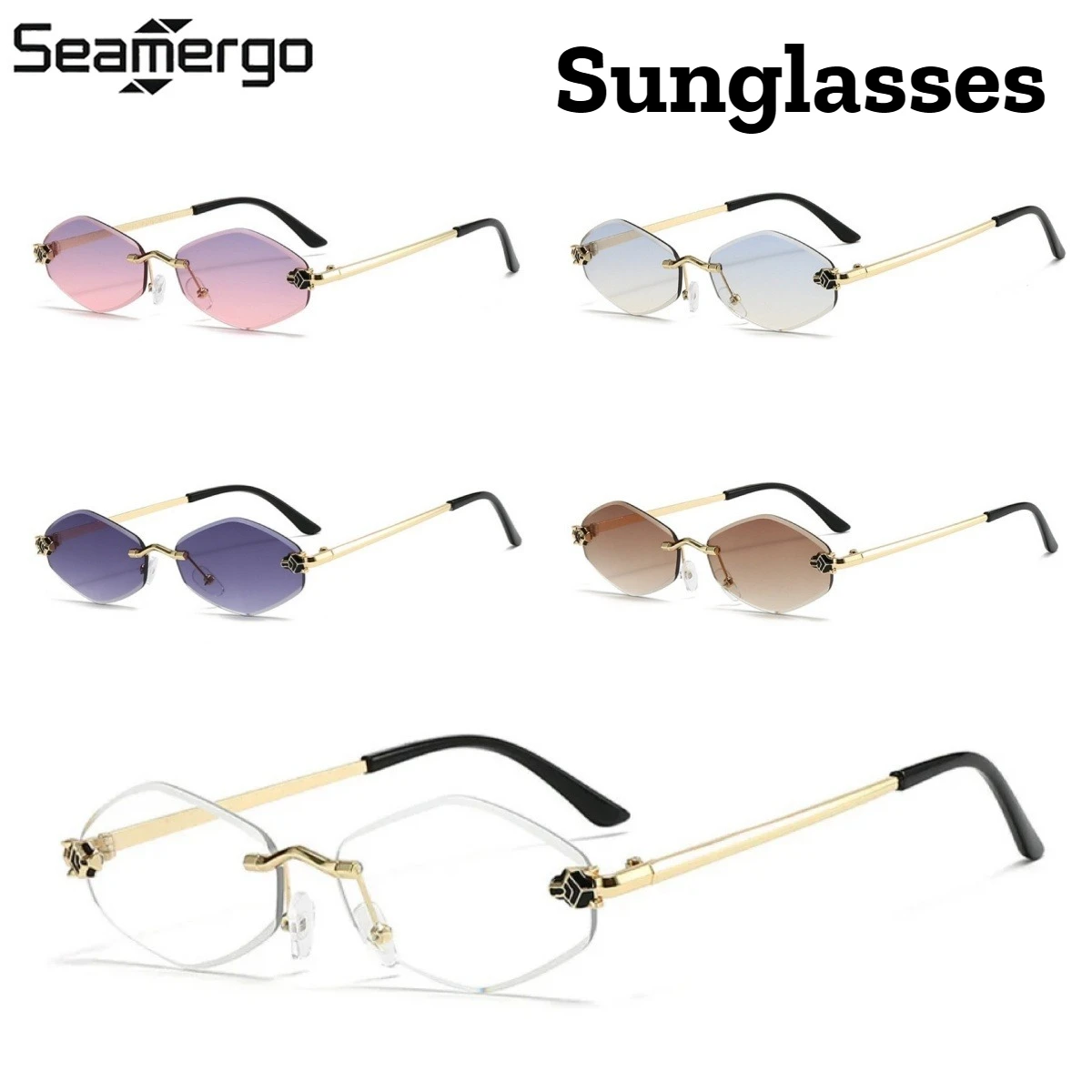

SEAMERGO Neutral Fashion Personalized Leopard Print Sunglasses Rimless Cut Edge Sunglasses UV Protective Small Framed Glasses