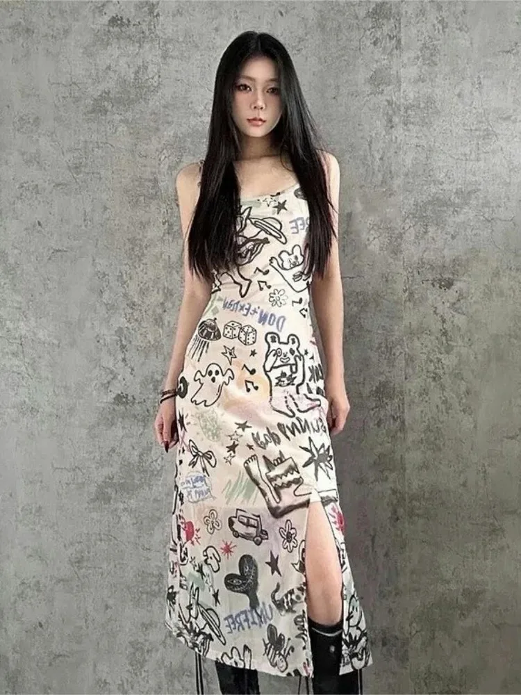 

Y2K Trend Vintage Graffiti Printed Spaghetti Strap Dress for Women Summer Dress Mesh Slit Sexy Hot Chick Slim-Fit Long Dresses