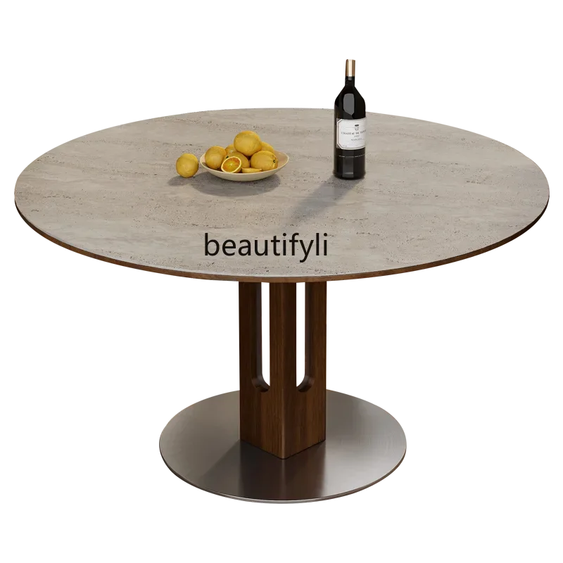 

X18 North American black walnut travertine rock slab solid wood dining table small apartment negotiation dinner round table