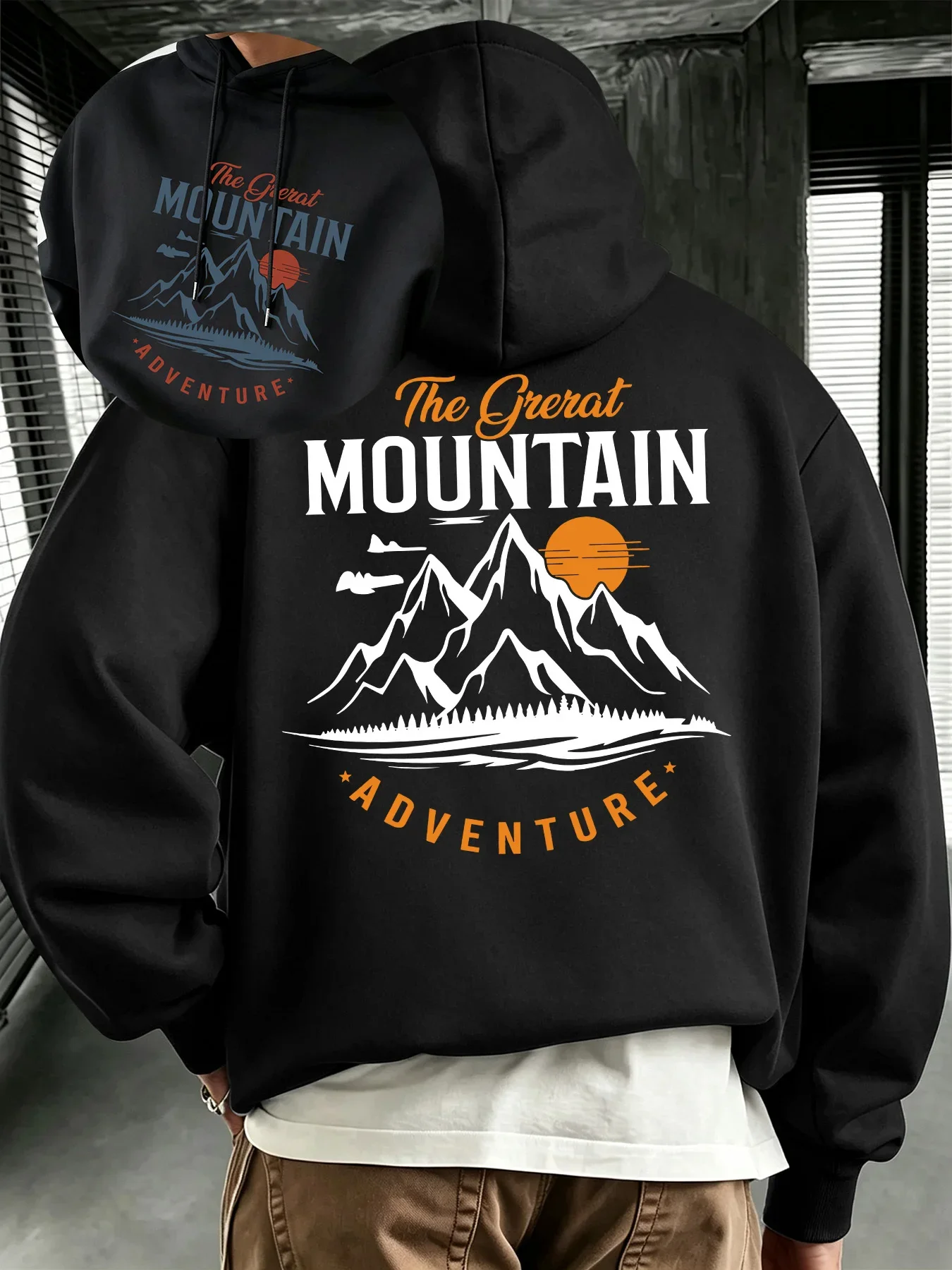 Men's Mountain Hoodie Great Adventure Sunset Forest Print Vintage Outdoor Oversized Pullover Sweatshirt Autumn Winter Streetwear