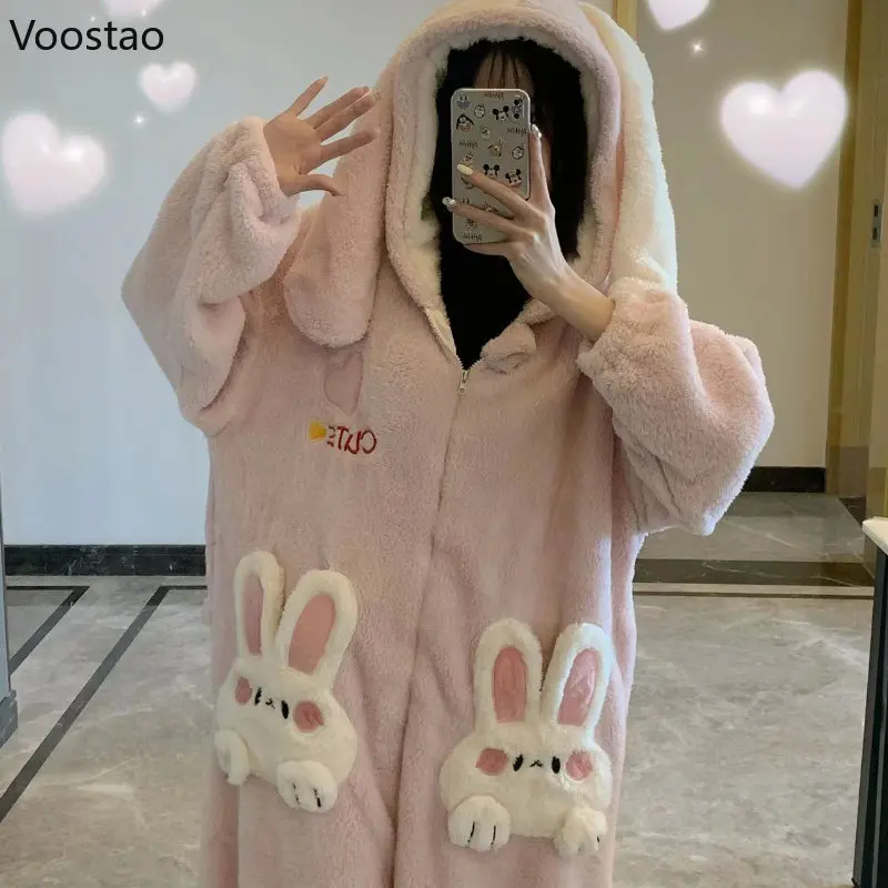 Autumn Winter Women Cute Lolita Princess Onesies Pajamas Coral Fleece Warm Cartoon Bunny Ear Hooded Sleepwear Sweet Homewear