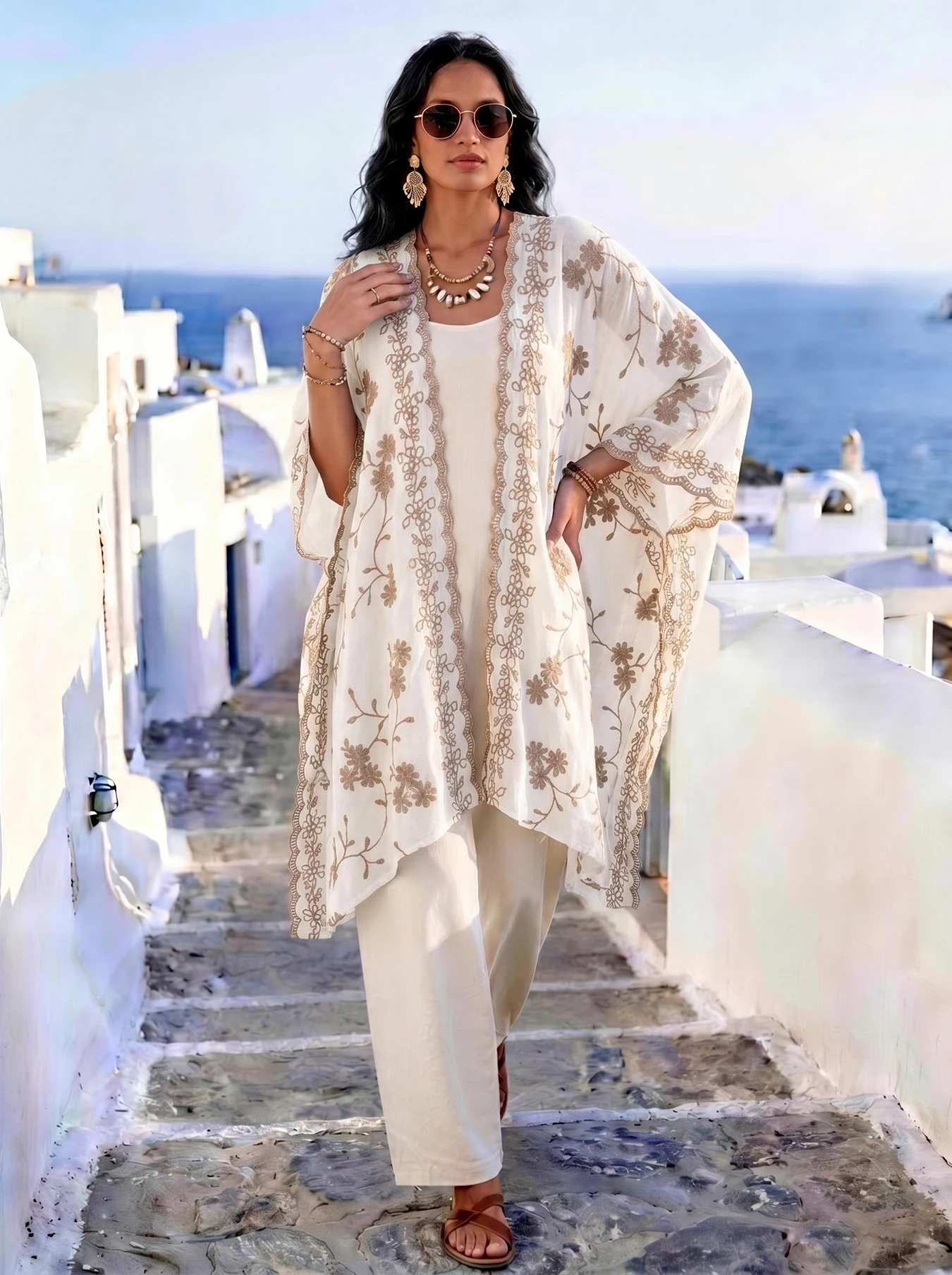 Boho Floral Embroidered Kimono Cardigan, Scallop Lace Trim Open Front Cover Up, Irregular Hem Beach Wrap for Women