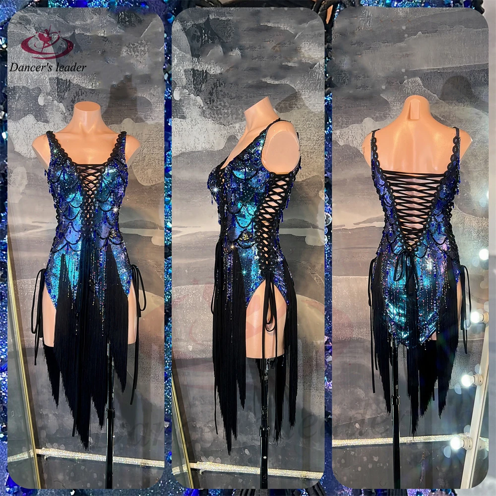 

Latin Dance AB Stone Female Adult Children High end Customized Colorful Strap Black Pool Samba Dress