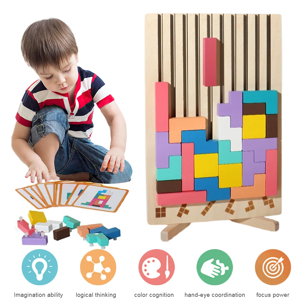 

Colorful 3D Russian Building Blocks Game Wood Stacking Puzzle Toy 3D Wooden Montessori Toys Educational Gift for Boys Girls