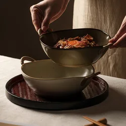 Japanese Style Retro Coarse Pottery Double Ear Soup Bowl Lamian Noodles Bowl Matte Color Practical Salad Plate