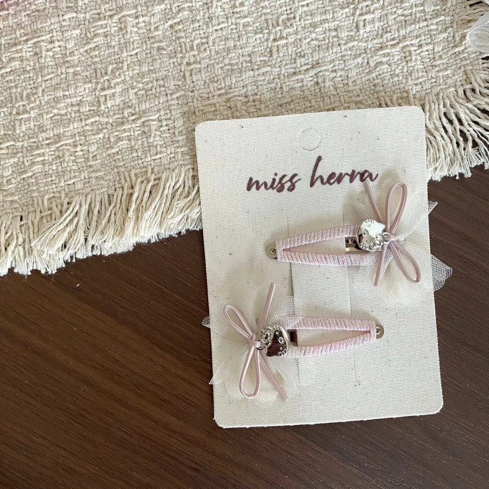 2pcs/set Simple Pink Sliver Color Mesh Bow Kids BB Snap Hair Clips Sweet Elastic Hair Ties Cute Hair Accessories for Girls