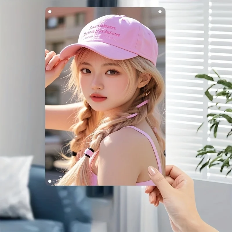 Metallschild im koreanischen Stil – bezaubernde rosa Haarzöpfe und koreanische Textkunst für Zuhause, Café, süßes, von K-Drama inspiriertes Eisenposter