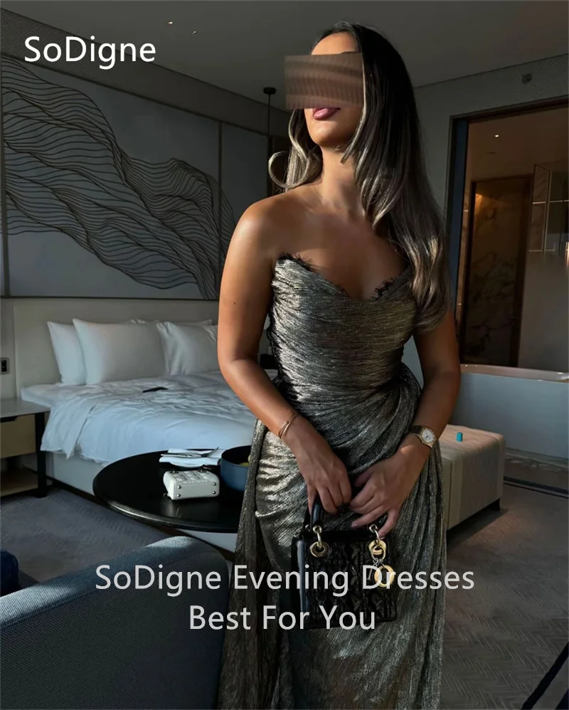 SoDigne Shining Green Evening Dresses Mermaid Long train Floor-Length Party Dress Strapless Pleat Prom Gowns 2025 Customized image 3