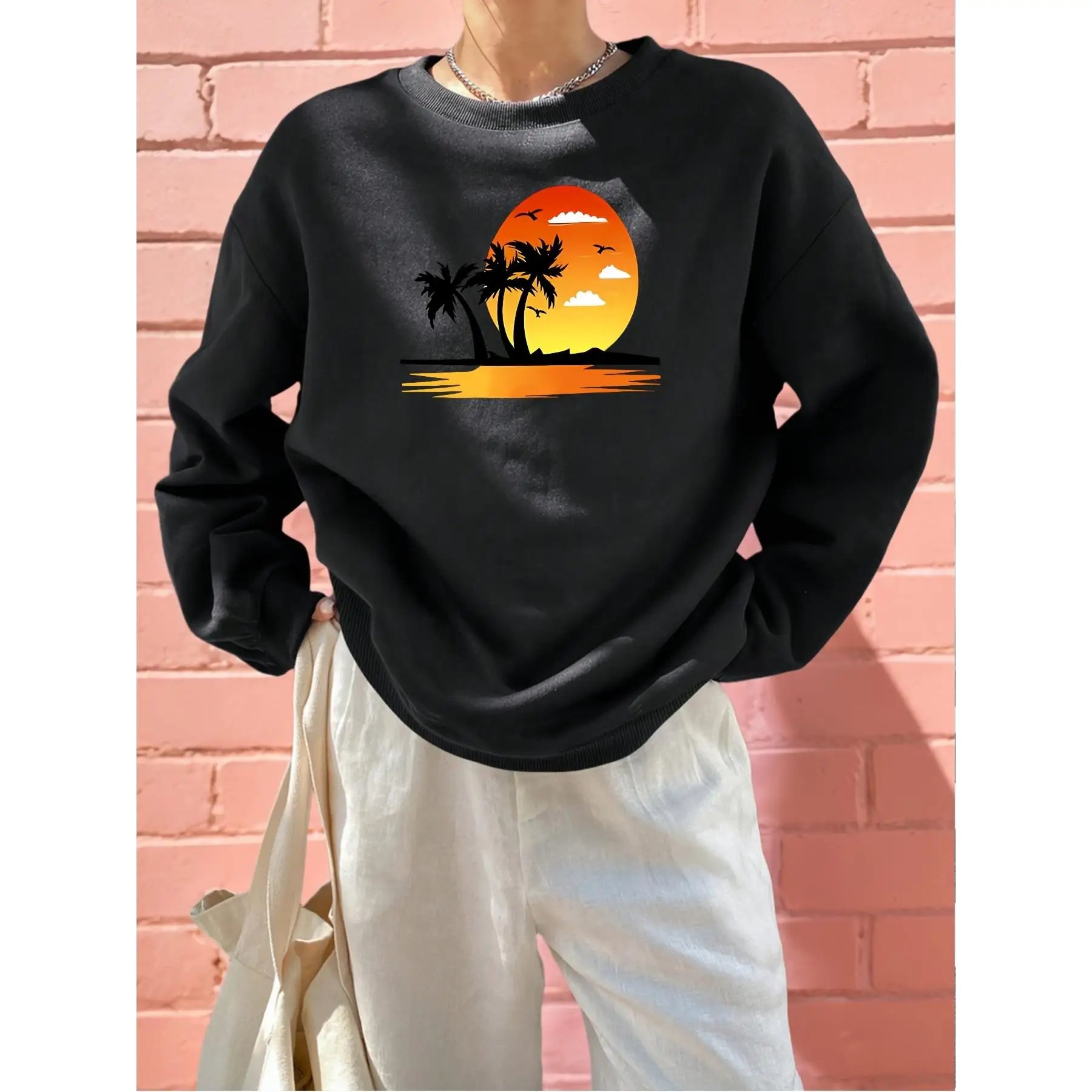 

Tropical Sunset Sweatshirt Unisex Beach Palm Tree Graphic Pullover Vacation Ocean Lover Cotton Top Cozy Holiday Gift