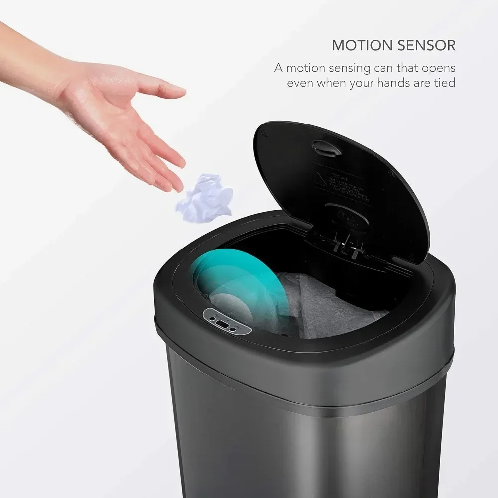 Trash Can Automatic Touchless Infrared Motion Sensor Trash Can, 13.2 Gal, Black Steel Base (Oval, Black Lid) Quality Materials