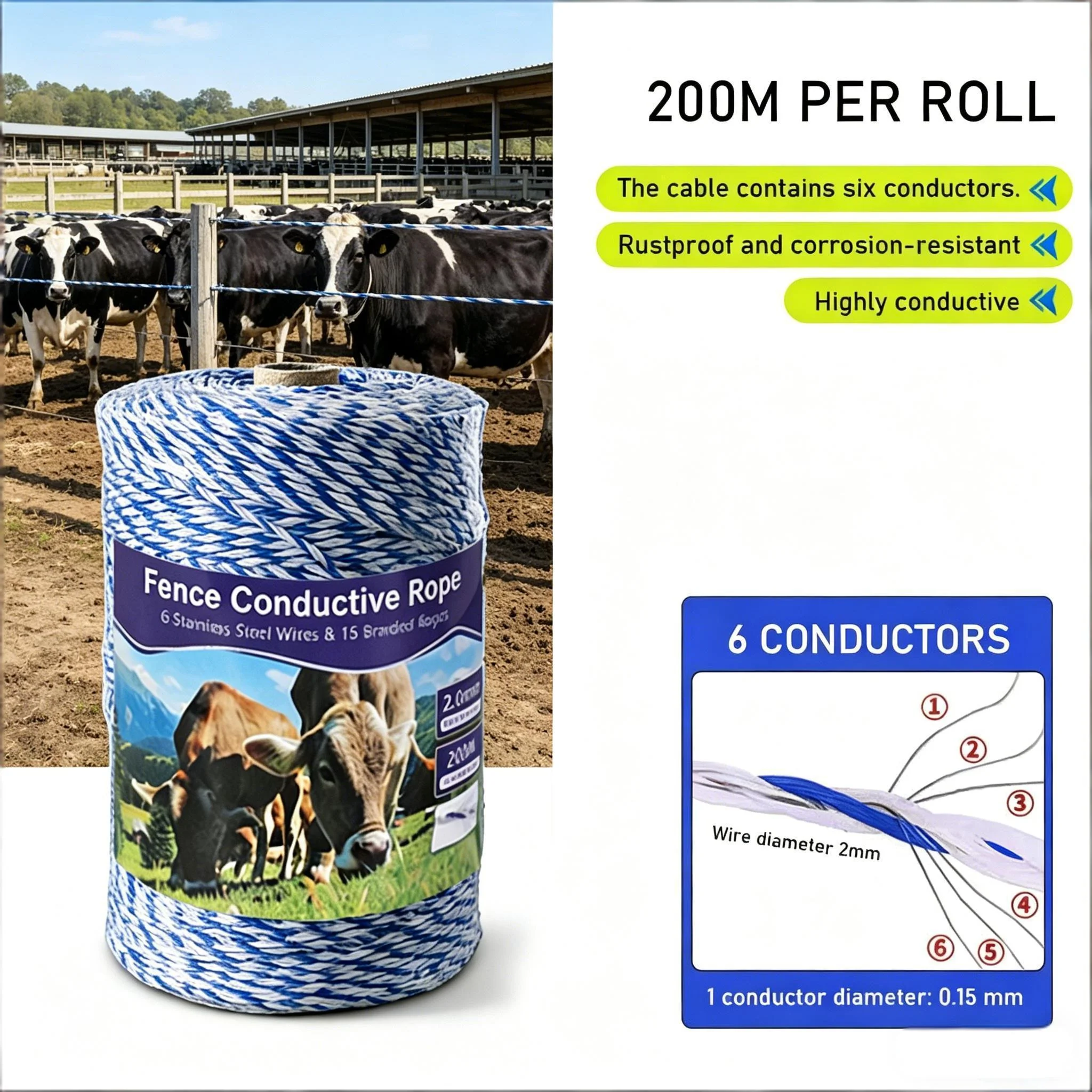 200M 2mm Electric Fence Conductive Rope with 6 Stainless Steel Wires Blue White for Cattle Horse Sheep Livestock Farm Fencing