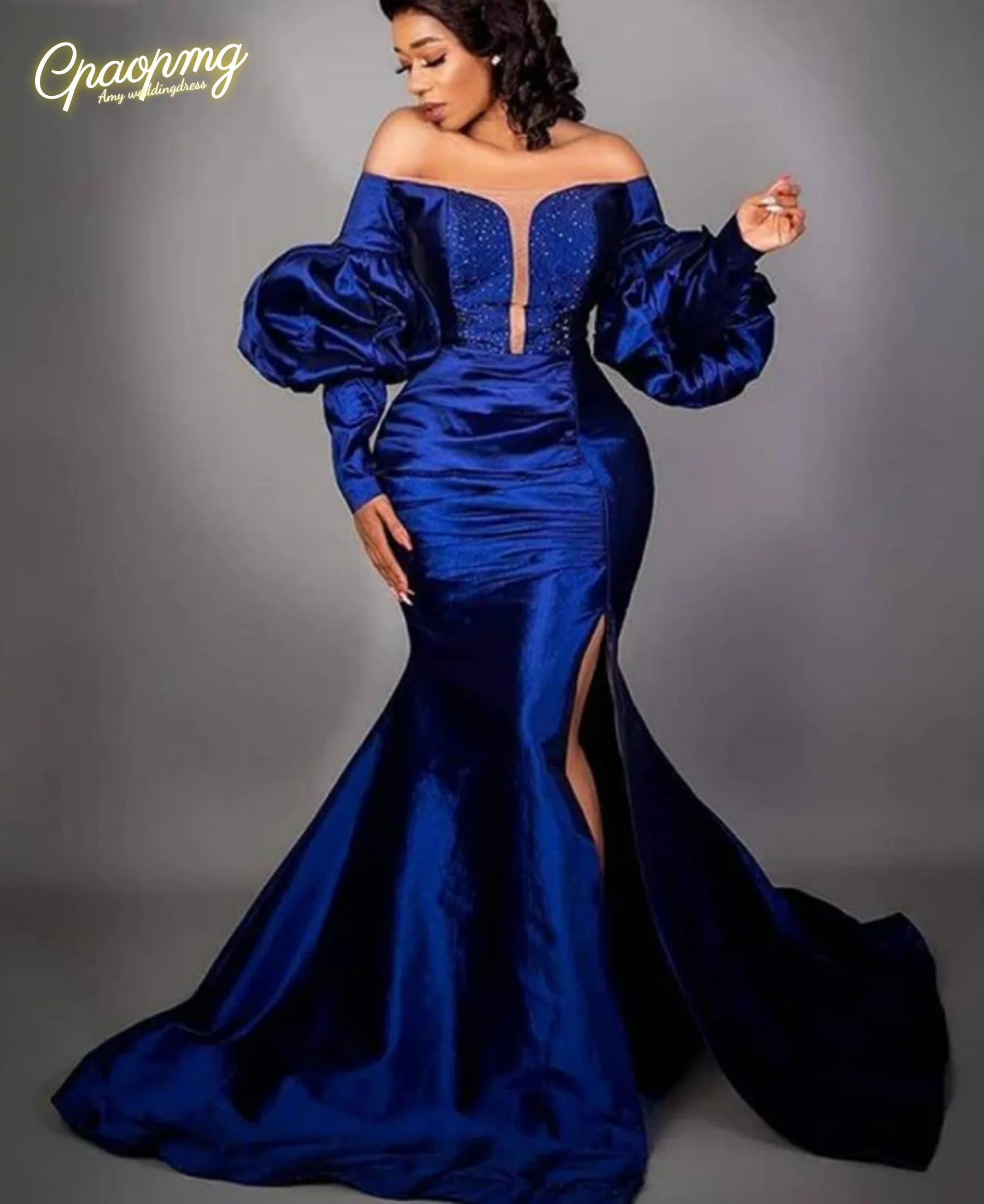 Customized Blue Satin Mermaid Evening Dress Elegant Off Shoulder Beaded Side Stitching Ball Dress Plus Size