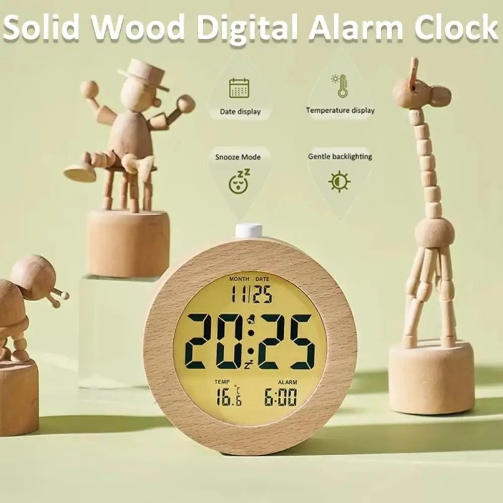 

Round/Square Wooden Alarm Clock Silent Battery Operated Multifunctional Electronic Clock Nordic Style with Backlight