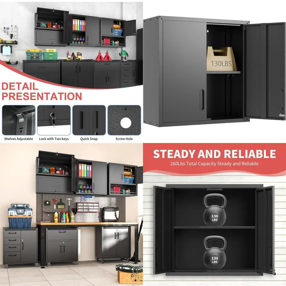 

Metal Storage Cabinet with Lock, Heavy-Duty Steel, Wall-Mounted, 2-Door Garage Tool Cabinet for Storage in Garage, Warehouse, Ba