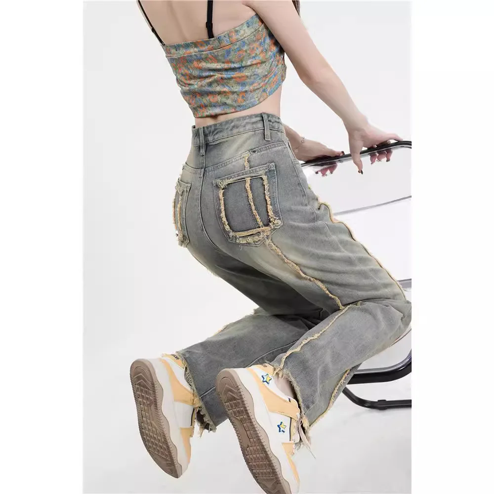 Diseño sentido nicho jeans mujer novedad de verano cintura alta recta suelta americana delgada retro pantalones de pierna ancha ropa de primavera