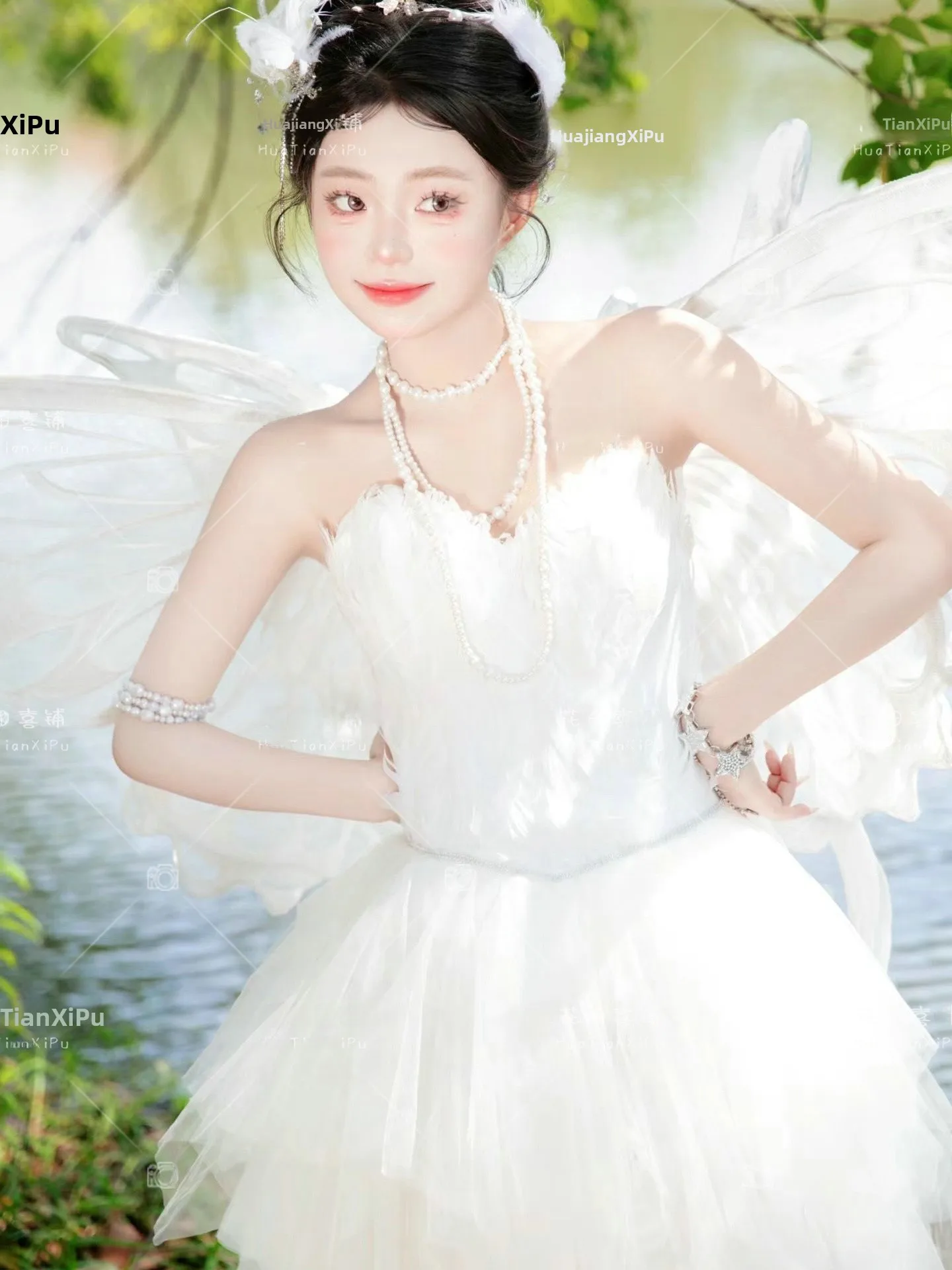 

New White Angel Elf Feather Dress Atmosphere Sensation Outdoor Travel Photography Costume Ethnic Style Women's Fashion 2024 S...