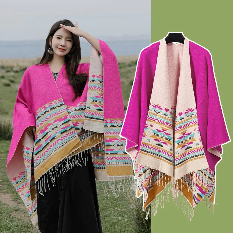 Women Western Aztec Capes Shawl Ladies Fashion Western Mexican Print Oversized Poncho Wrap Shawl For Autumn And Winter