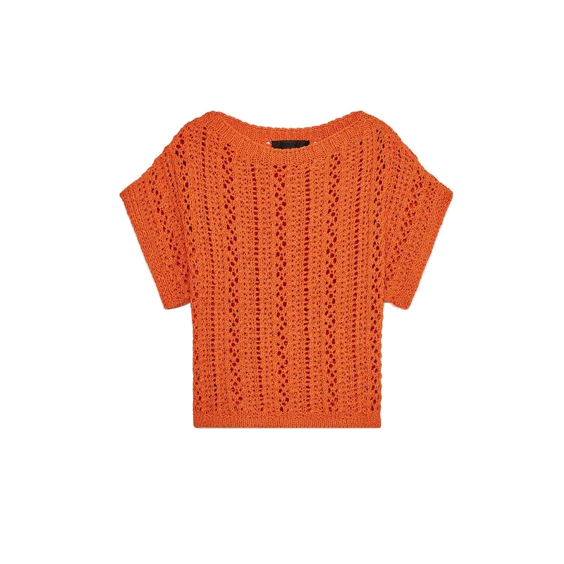 بلوزة نسائية جديدة للربيع والصيف محبوكة ومجوفة بأكمام واسعة وياقة مستديرة قصيرة بأسلوب الشاطئ والإجازات ضيقة من ألياف البوليستر