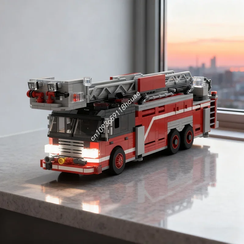 957 Stück MOC Turmleiter Feuerwehrauto Chicago City Fireed Modell Bausteine Weihnachtsgeschenk Architektur DIY Spielzeugidee Ziegel Kinder
