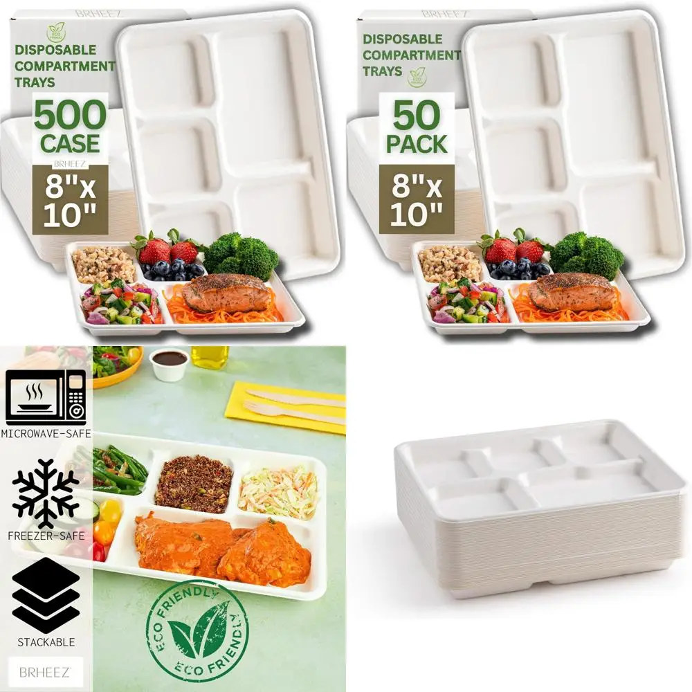 

Одноразовые тарелки Bagasse с 5 отделениями для использования в школьных обедах, грузовиках и кафетерии — 8 x 10 дюймов, экологически чистые и долговечные.