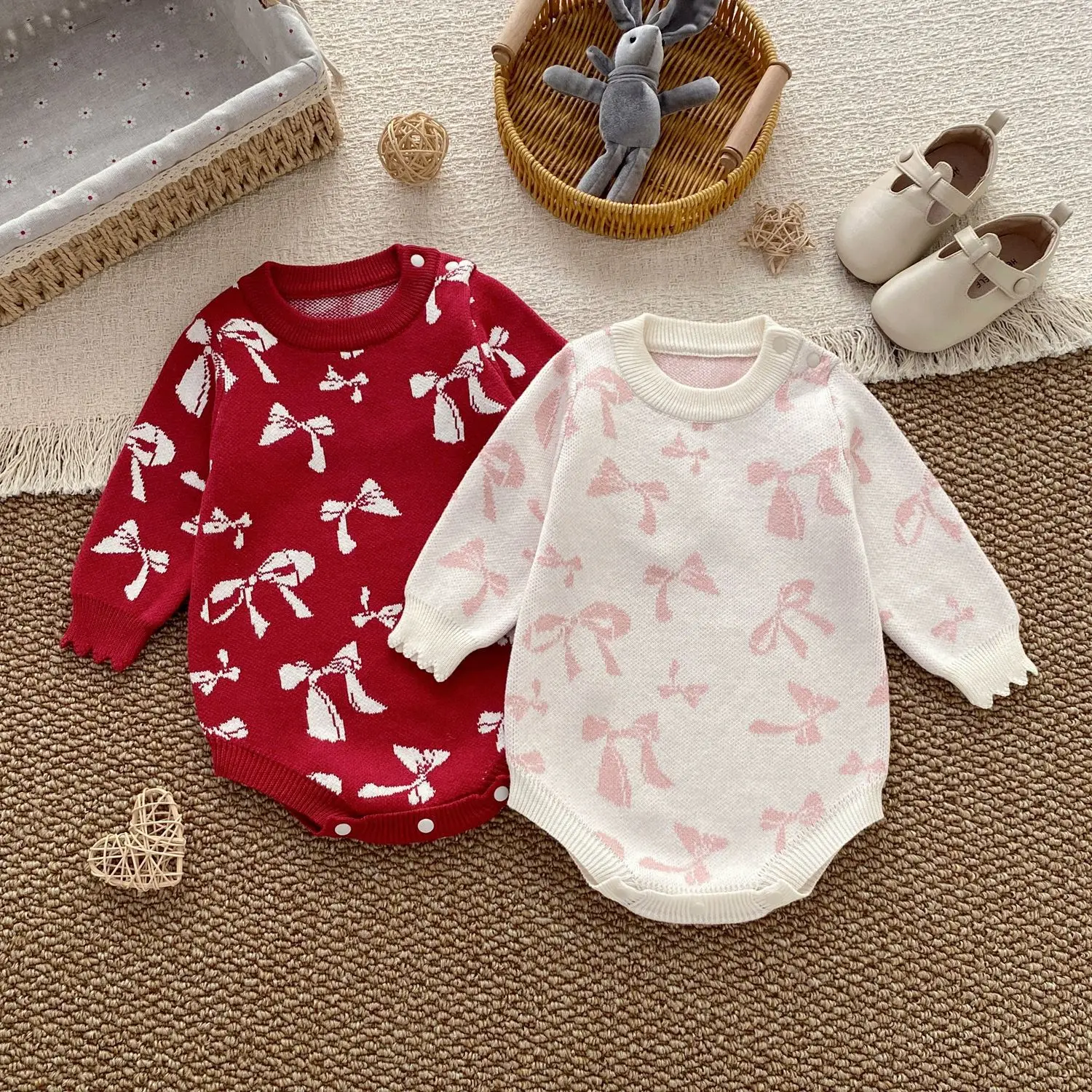 0-24M Newborn Baby Girl Princess Romper Winter Clothes Thick Warm Knit Sweater Bodysuit Elegant Knitwear Romper