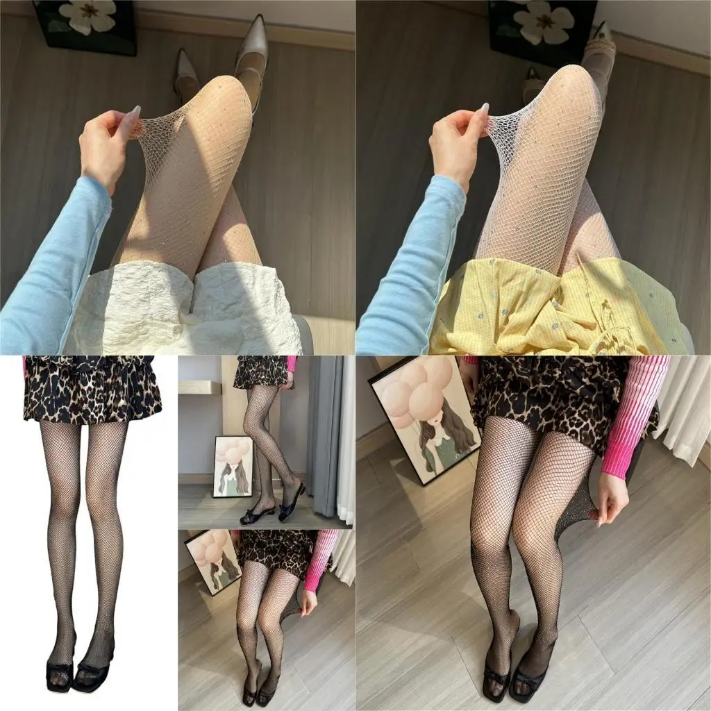 

M6CD Ladies Pantyhose Sparkly Jeweled Tights Rhinestones Mesh Net Stockings
