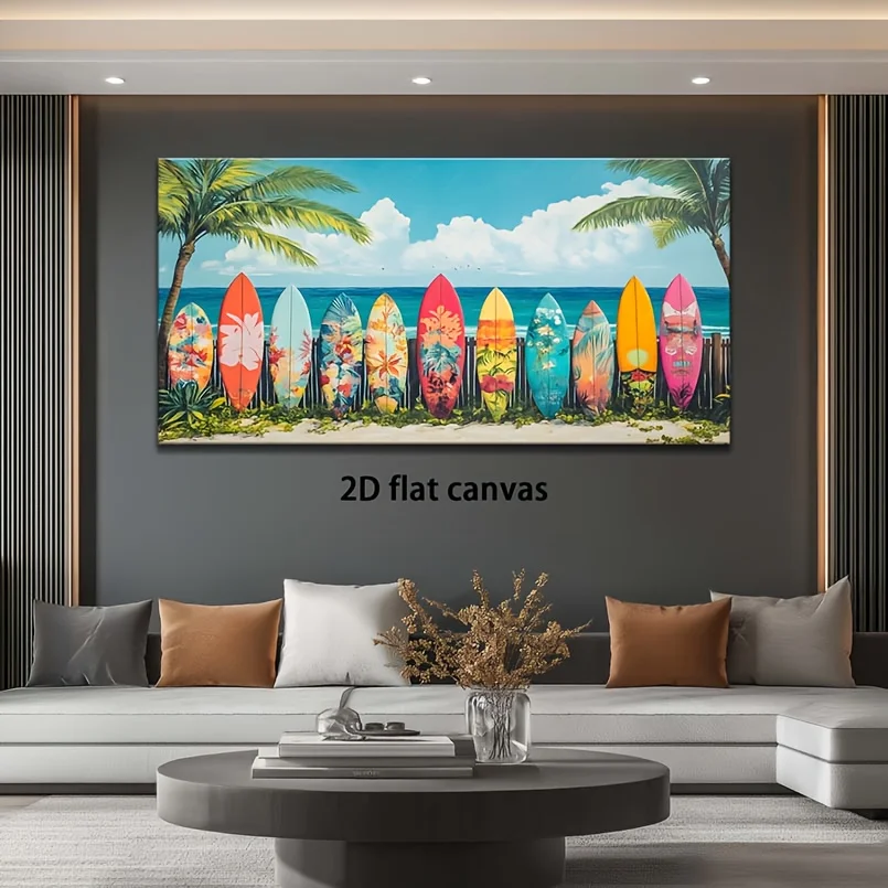Large-sized frameless canvas paintings,A Row of Colorful Surfboards Poster and Prints Seaside Landscape Art Canvas Painting Wall