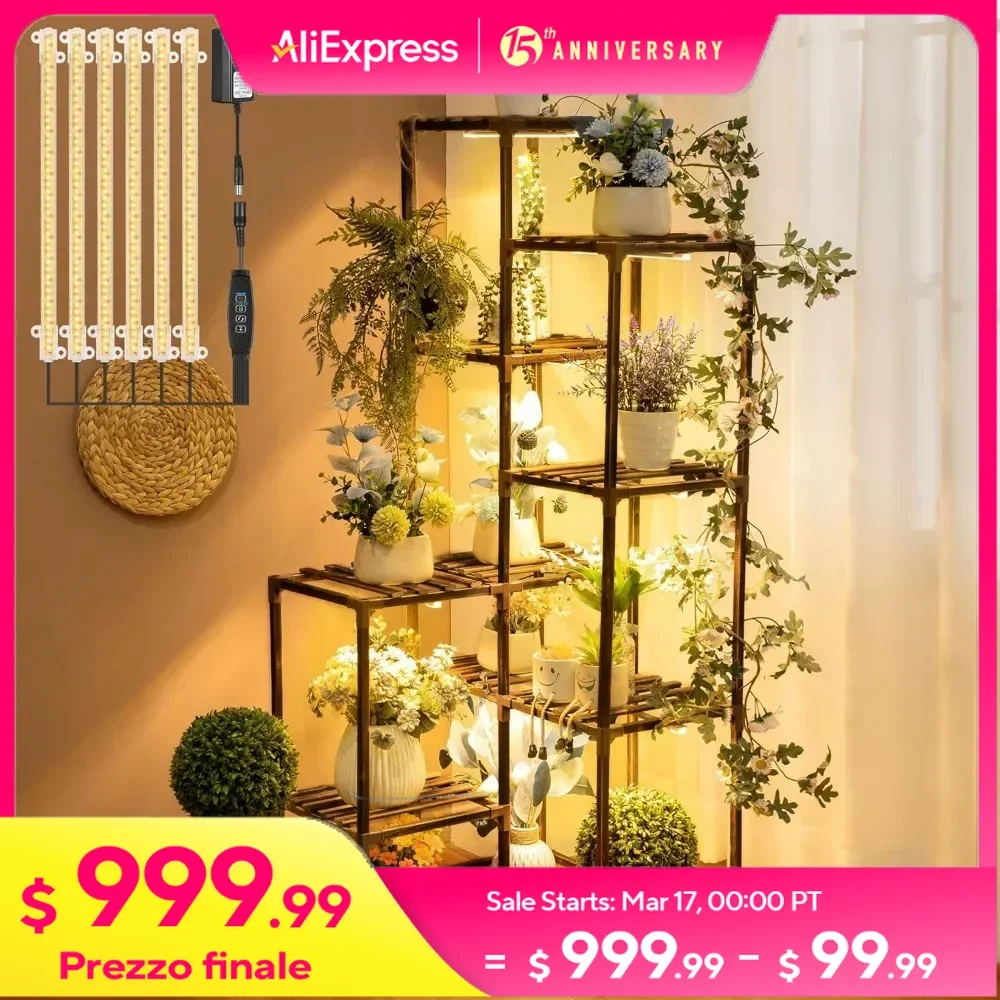 12 Tiered Plant Stand Indoor with Grow Lights, Wood Plants Flower Holder, Indoor Plant Shelf