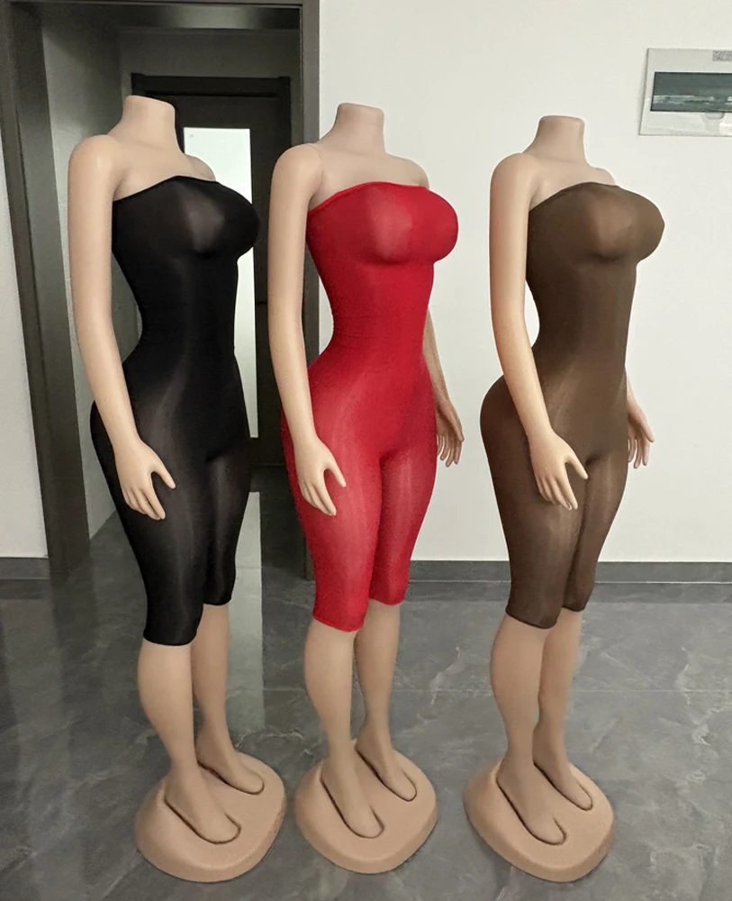 2026 Sommer Heißer Verkauf Damen Transparenter Off-Shoulder Mesh Jumpsuit Rückenfreier Bodycon Capri Unitard Sexy Clubwear Playsuit – Detail 2