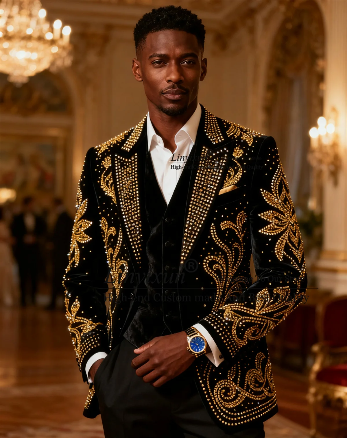 

Fashion Velvet Men Suits Customized Wedding Tuxedos Stunning Ornament Beads 3 Pieces Sets Groom Male Blazers Party Costume Homme