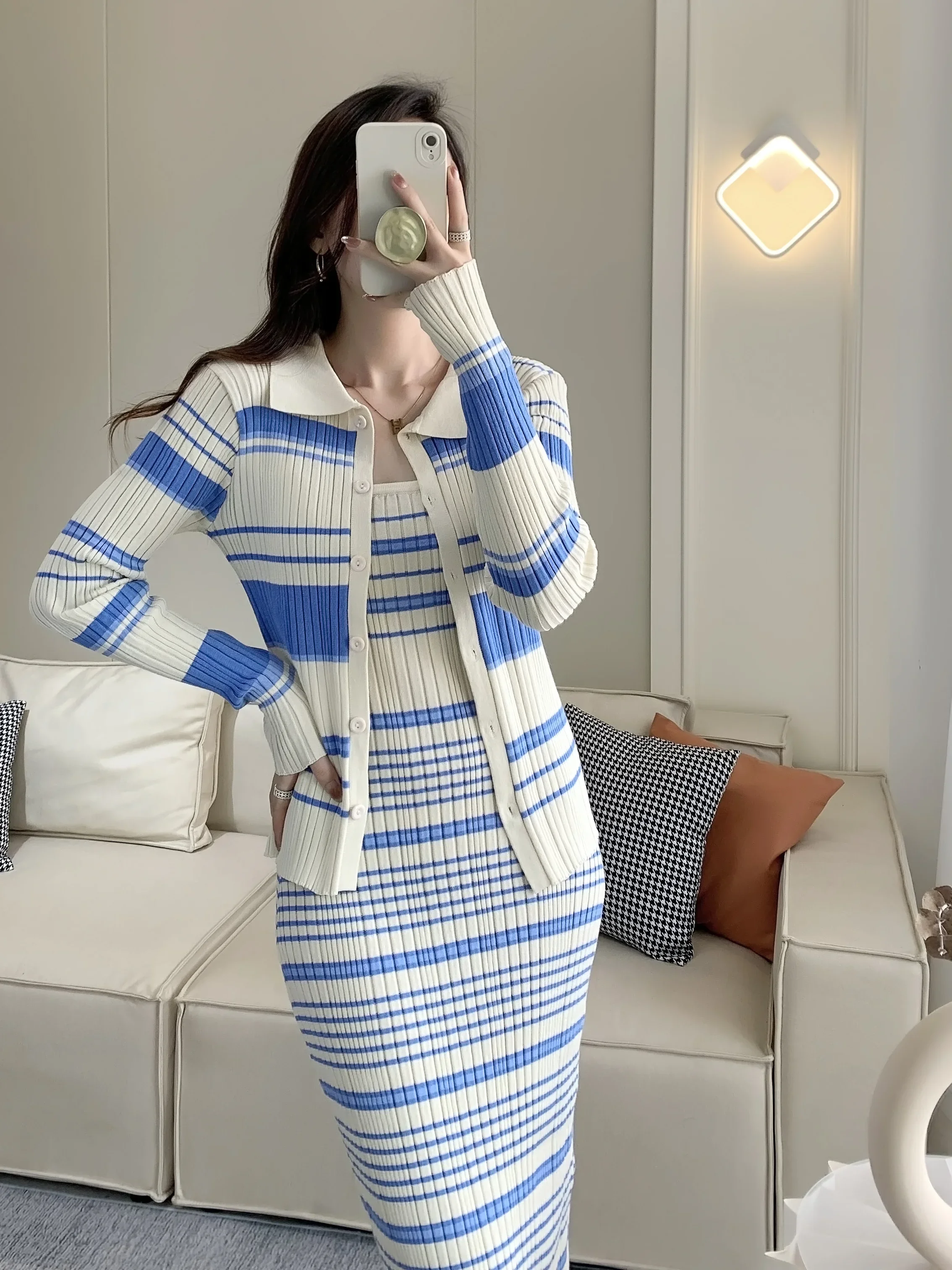 Casual Knitted Skirt Suits Female Korean Fashion Striped Long Sleeve Cardigan Sweater Coat Strapless Mid Dress 2 Piece Sets