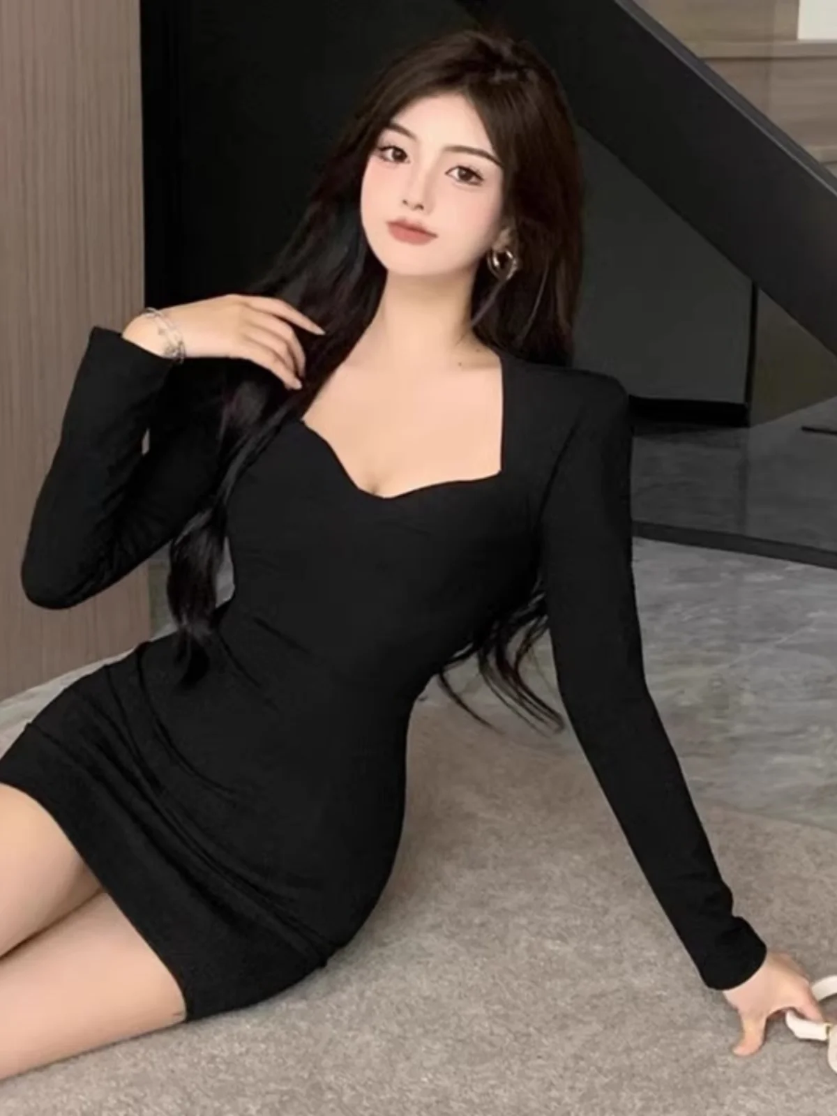 

Pure Desire Sexy Low Ne Long Sve Women's Dr Autumn Season Slimming Wrap Waist Inner Wear Base Skirt Korean Sle Commute