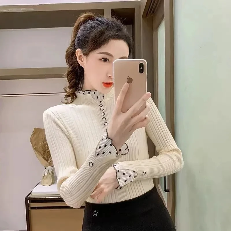 Suéter con cuello de tortuga para mujer, Jersey de manga larga con costuras de encaje, Tops femeninos, novedad de Otoño Invierno 2025