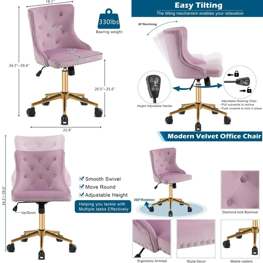 

Элегантное фиолетовое офисное кресло без подлокотников с золотым основанием для домашнего офиса, компактное кресло для туалетного столика со спинкой для спальни, мягкое поворотное кресло