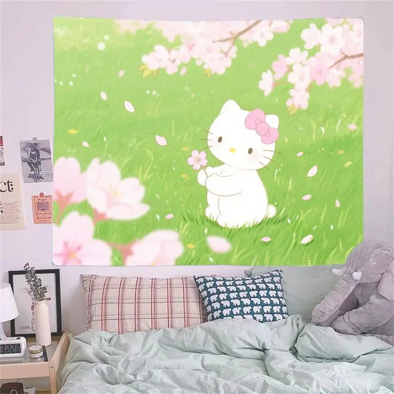 1 STÜCK Sanrio Hello Kitty Rosa Kirschblüten-Wandteppich, Kawaii Green Field Wandkunst für Wohnzimmer, Schlafzimmer, Wohnheim, Dekoration und Geschenke