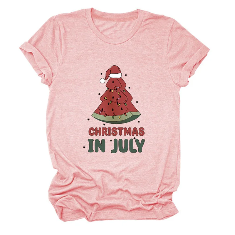 New summer fashion women's cotton christmas in july melon letter printed short vintage round neck T-shirt