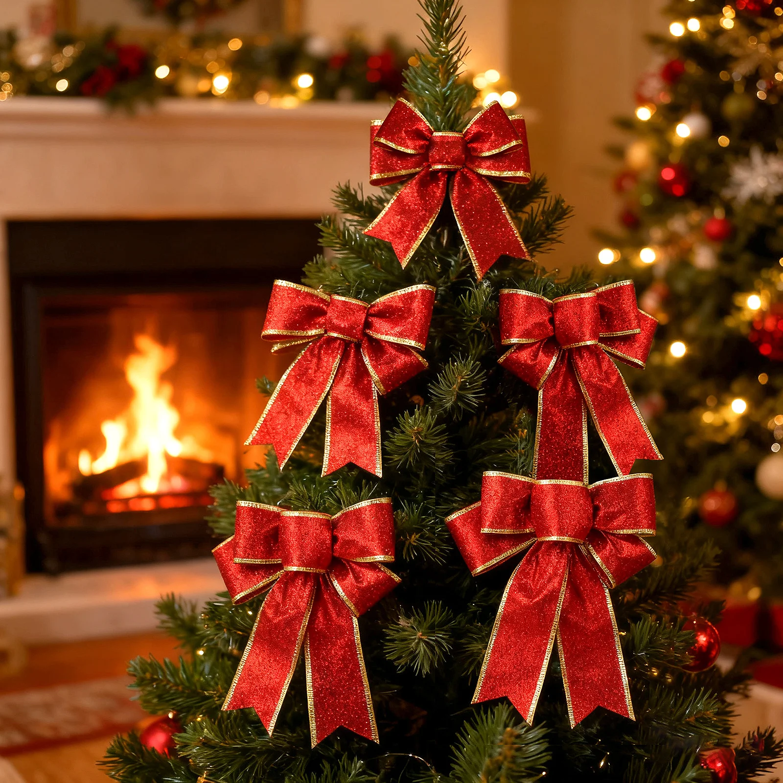 

5pcs Christmas Bow Ornament Glitter Ribbon For Christmas Tree Wreath Crafts Bows Xmas Tree Bows Decoration Red Party Supplies