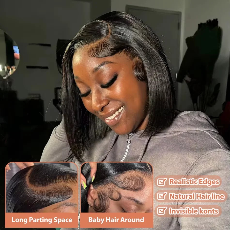 숏밥 250% 밀도 13x4 HD 레이스 프론트 인모 가발 여성용 스트레이트 브라질리언 레이스 프론탈 가발 글루리스 클로저 가발