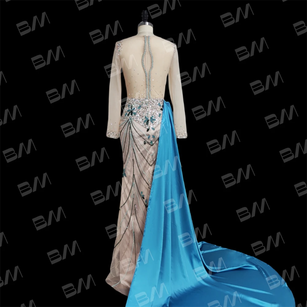 Delicate Beaded Prom Dresses with Pearls Tassel and Satin Side Tail, Long Sleeves Sheer Women's Evening Dress Party Gown